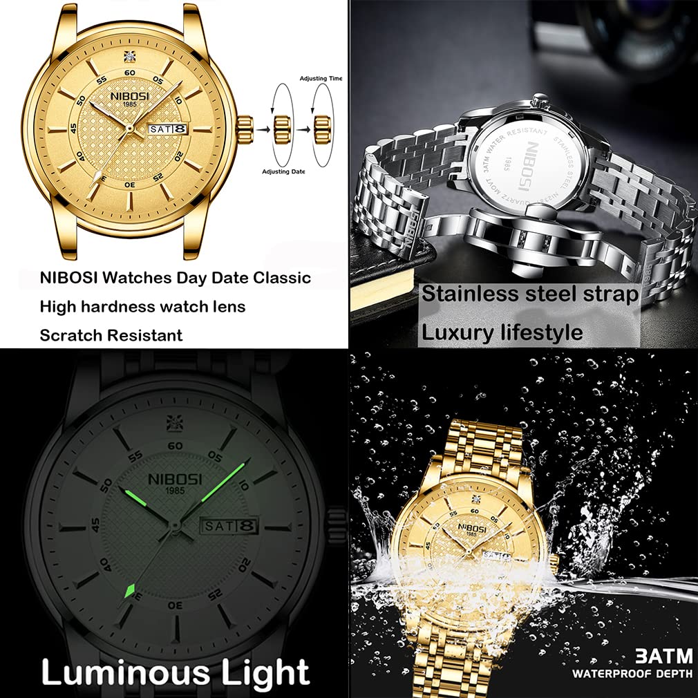 Классические деловые наручные часы из нержавеющей стали с золотым покрытием, водонепроницаемые, аналоговые, стильные, с металлическим ремешком, повседневные, с указанием даты, дня недели, флуоресцентные часы для