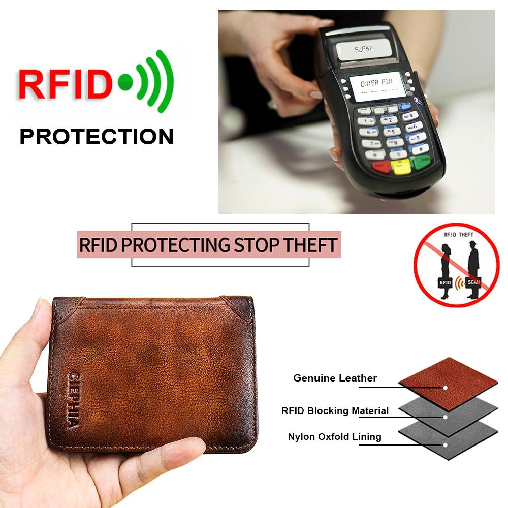Genuine Leather Rfid Wallets for Men Vintage Thin Short Multi Function ID Credit Card Holder Money Bag with 2 ID Windows Gift for Him