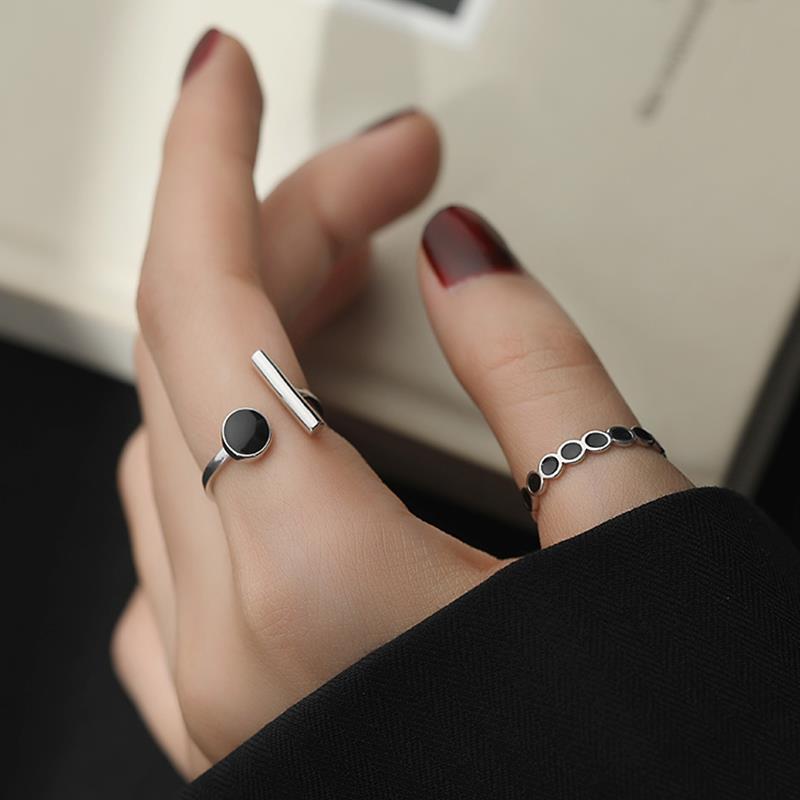 New Simple Personality Dark Round Epoxy 925 Sterling Silver Jewelry Temperament Geometric Popular Opening Rings R320