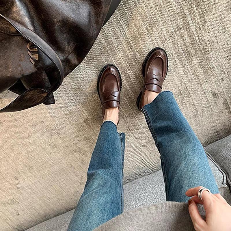 Версия из коровьей кожи~ Женские лоферы на платформе из натуральной кожи, черные, с круглым носком, на толстом каблуке, одинарная обувь, ретро, британские, ленивые, маленькие кожаные туфли