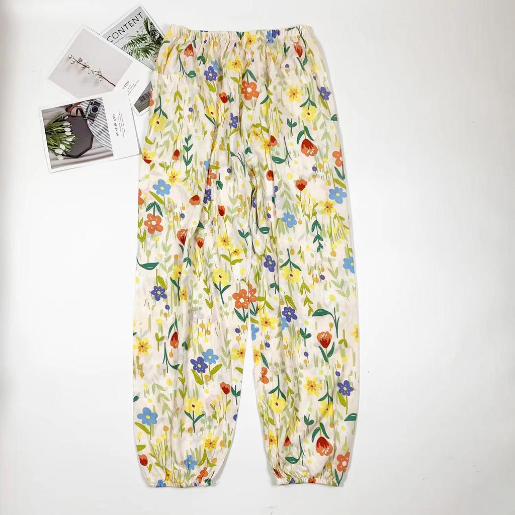 Women's Summer Cotton Silk Anti-Mosquito Loose Beach Bloomers Pajama Pants