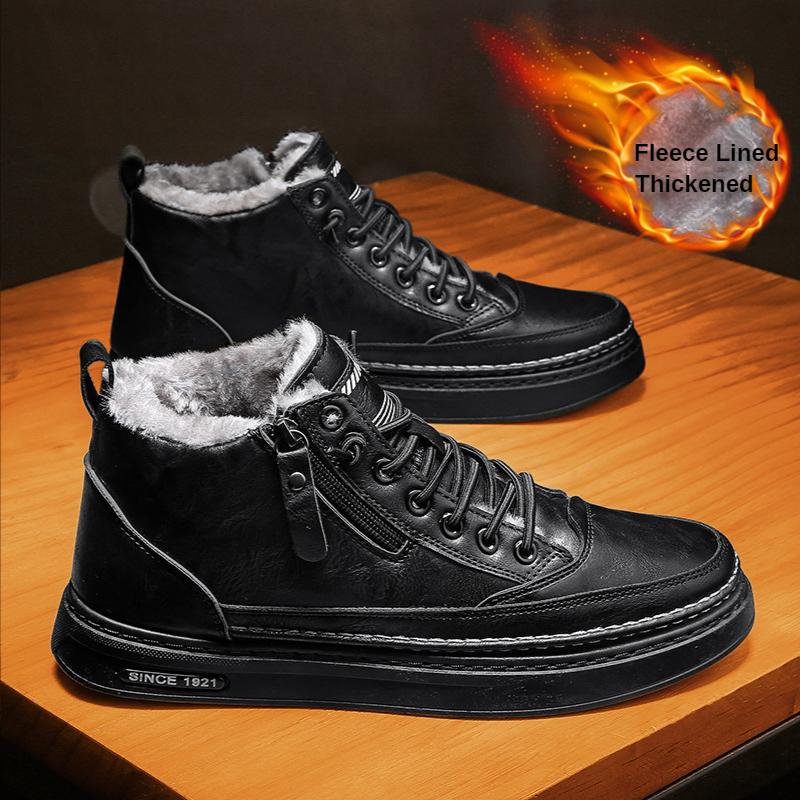 Men's Shoes Winter New High-Top Military Boots Fleece Lined Padded Warm Keeping Casual Shoes Versatile Work Waterproof Leather Shoes