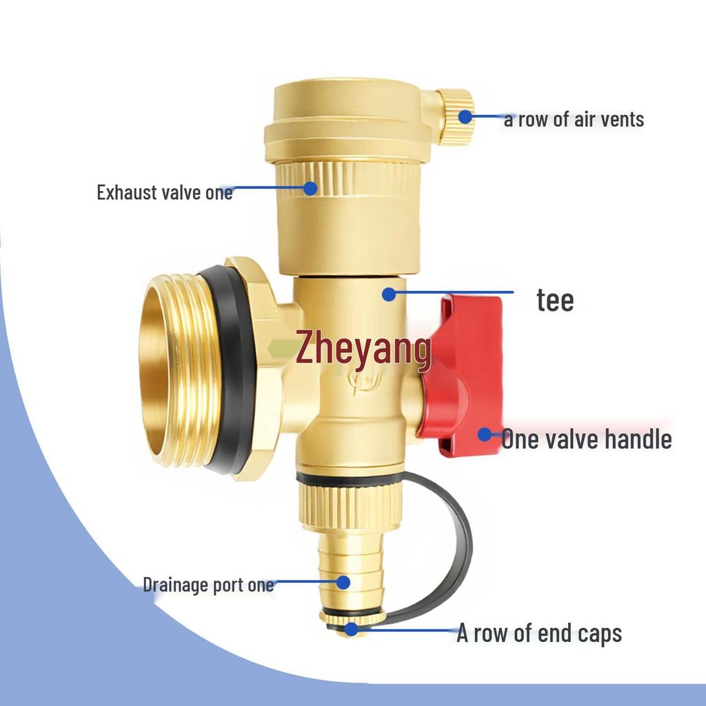 Automatic Brass Geothermal Manifold Air Vent and Water Drain Valve for Underfloor Heating, Large Flow, 1-1.2 inch Tailpiece