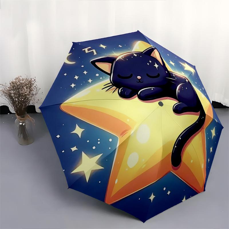 1pc Starry Night Black Cat Star Shaped Automatic Opening/Closing Umbrella with Foldable Design, Outdoor for Fans, Travelers, Everyday Use, Festiv