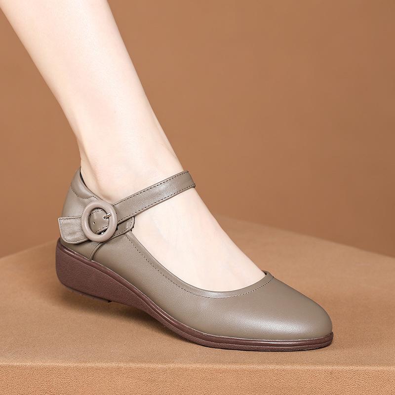Туфли Мэри Джейн на танкетке, маленькие кожаные туфли, новые весенне-осенние, с круглым носком, на низком каблуке, на ремешке, с открытым верхом, одинарные туфли, удобные туфли для мамы
