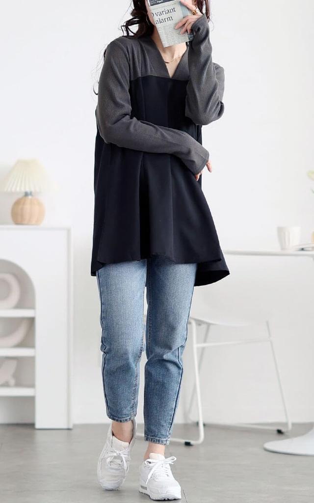 Gold Japan Plus Size Long Stretch Winter Charcoal Women's Tunic, Sleeve, V-Neck, Docking, Bustier, Ribbed, Outfit, Fall/Winter/Spring, maru-30093, 4L,