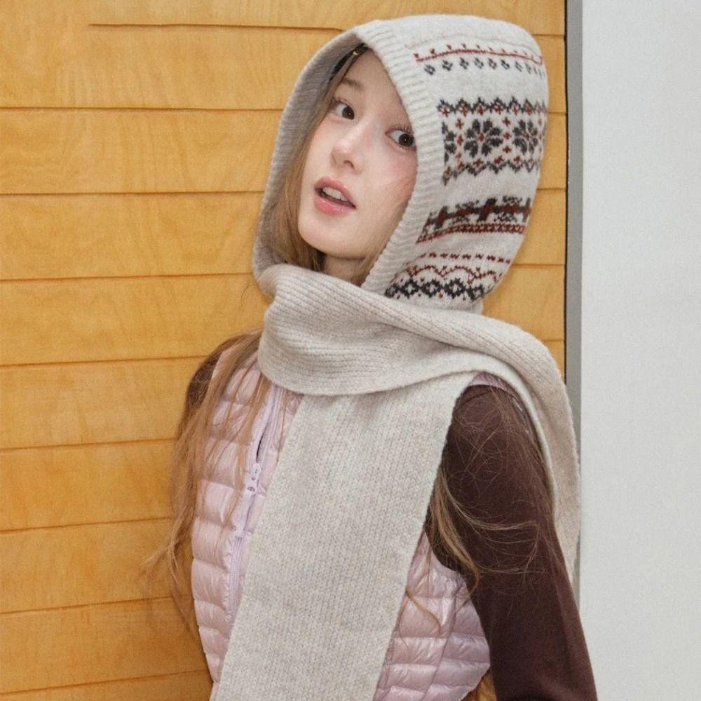 Fair Isle Style Ear Protection Hat Scarf Cap Winter Cap Warm Hooded Hat Outdoor