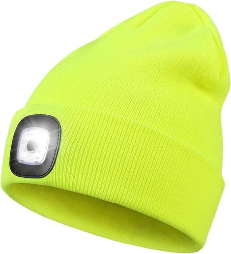 Led Beanie With Light-fluorescent Yellow,usb Rechargeable