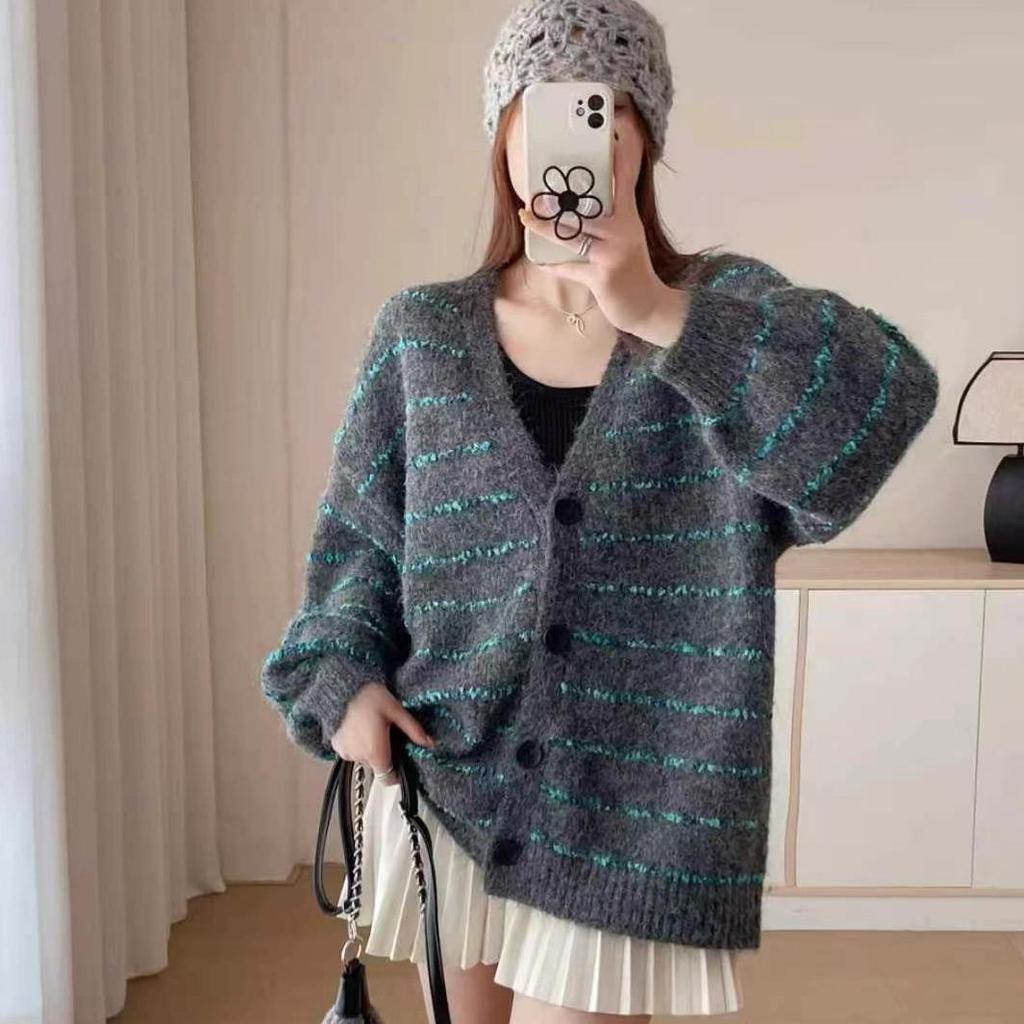 Вязаный кардиган в ретро-стиле, свободного кроя в полоску, осень-зима 2025 - Женский свитер-пальто в ленивом стиле
