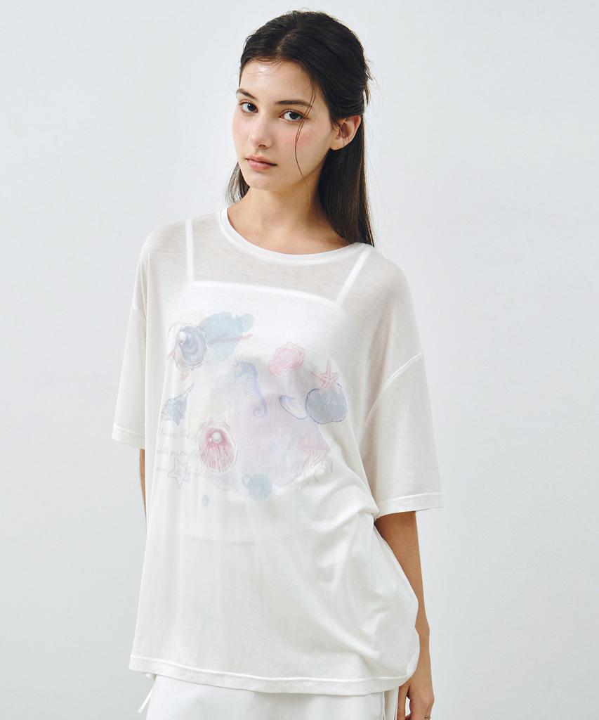 MONGDOL Marine Graphic See-Through Loose Fit T-Shirt White Mdts096White