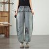 Джинсы женские больших размеров в корейском стиле, осенне-весенние, эластичная талия, светло-голубые, с принтом букв, джинсы-гаремы, винтажные джинсовые брюки для дам