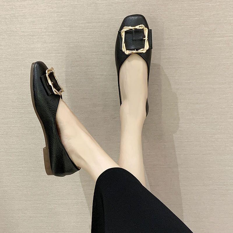 Весенние женские туфли-лодочки на плоской подошве с пряжкой спереди, на плоском каблуке с круглой головкой, дышащие и универсальные черные туфли-бобы на мягкой подошве цвета феи