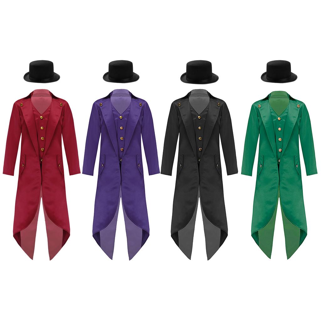 Детский викторианский фрак Жакет Поддельный двухслойный Золотые пуговицы Костюм эпохи Возрождения Маг Цирковой конферансье Вечеринка Платье
