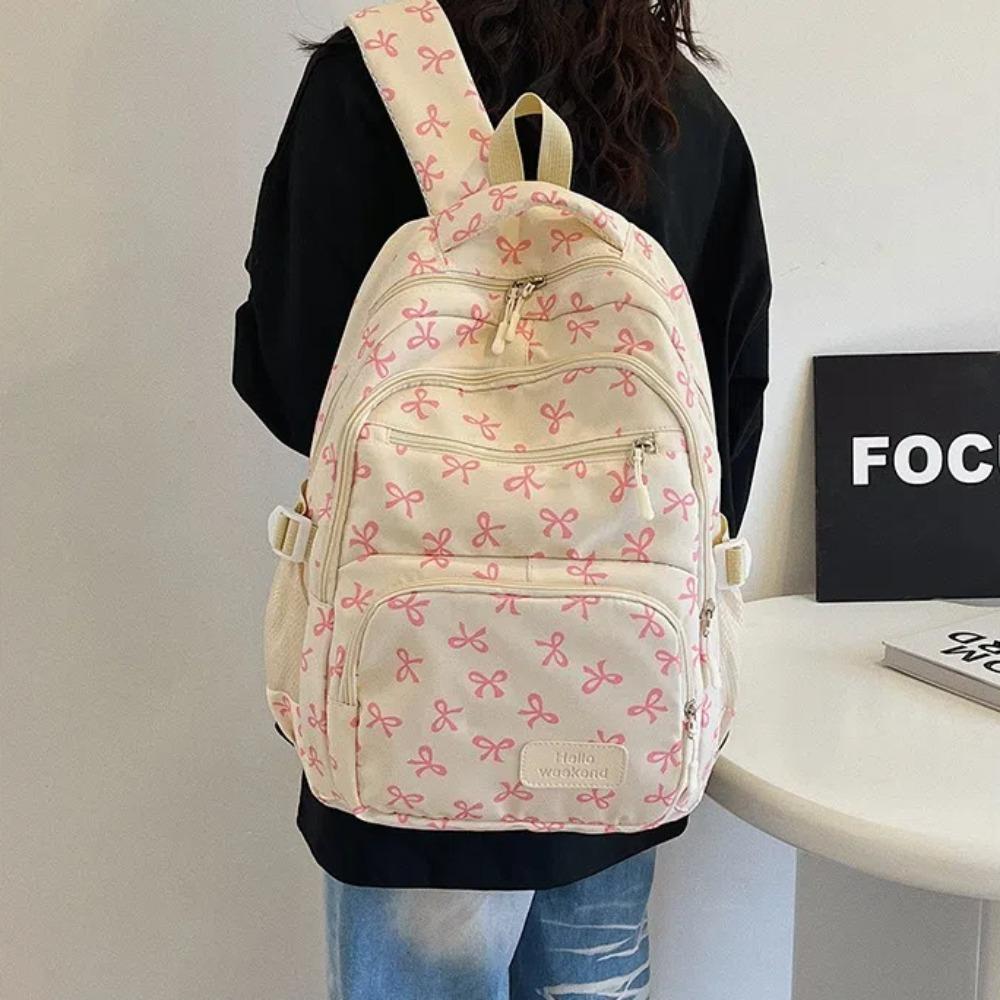 3 Pcs/Set Fashion Large Capacity Bow Backpack Nylon Bow Print School Bag Adjustable Strap Student Backpack