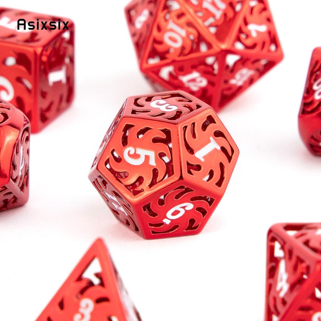 7 Pcs White Red Rotary Windmill Metal Dice Hollow Metal Polyhedral Dice Set Suitable for Role-Playing RPG Board Game Card Game