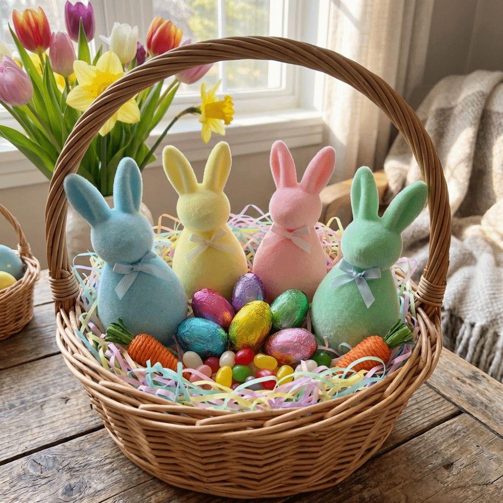 Plush Flocked Rabbit Figures with Bow Bunny Sculpture Easter Bunny Statue Easter Decorations