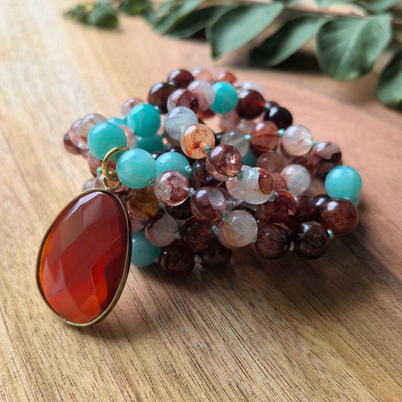 108 Beads Hand Knotted Mala Necklace,Natural Garnet,Red Fire Quartz,Amazonite,JapaMala,Prayer Healing Crystals,Yoga Jewelry Gift