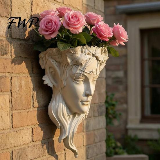Resin Portrait Relief Sculpture Fairy Face Shape Wall Planter, Girl Flower Pot, Mounted Planter Vase for Indoor Outdoor, Cactus, Herbs, Air