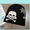 Fashion Hat Knitted With Skull And Spider Web Embroidered Design For Halloween