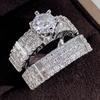Huitan Fashion Luxury Crystal Cub Zirconia Set Rings для женщин, помолвки, свадьбы, вечеринки, высококачественные аксессуары для пальцев, 2 шт.