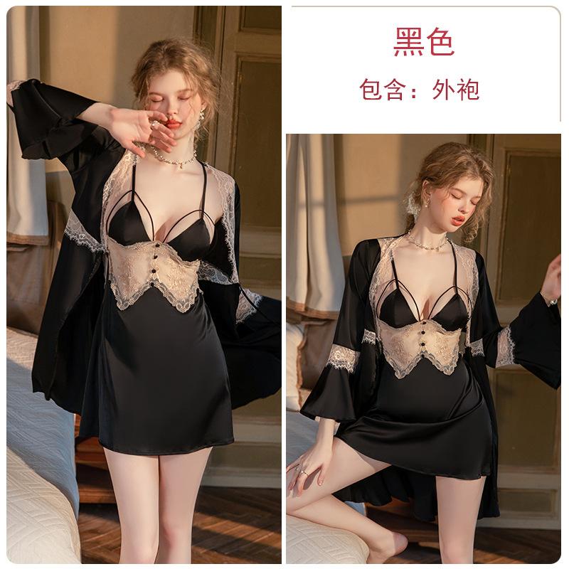 Women's Satin Lace Sheer Padded Slim Backless Cami Sleep Dress with Robe Lounge Set