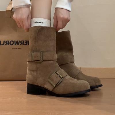 Мода Племя Spice Girls Но Колено Круглая Голова Рыцарские Сапоги Женские 2025 Осень и Зима Новые Универсальные Полусапоги Модные Сапоги Тренд