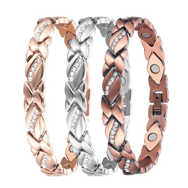 Geometric Leaf Design Titanium Steel Bracelet With Crystal Inlay Magnetic Therapy Elements Women