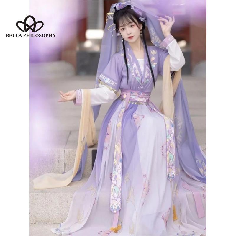Новый китайский стиль, ретро, античный стиль, нежный оригинальный дизайн, платье Hanfu с длинными рукавами и принтом на талии