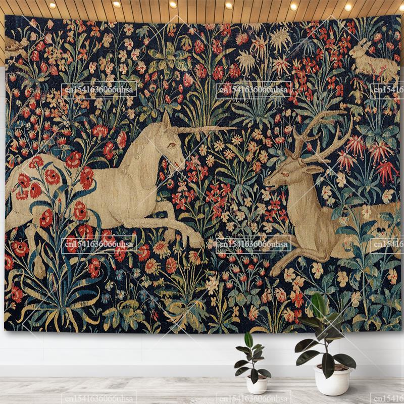 Medieval Unicorn Tapestry Wall Hanging For Home Decor Paintings Retro Hippie Tapestries Aesthetic Background Yoga Meditation