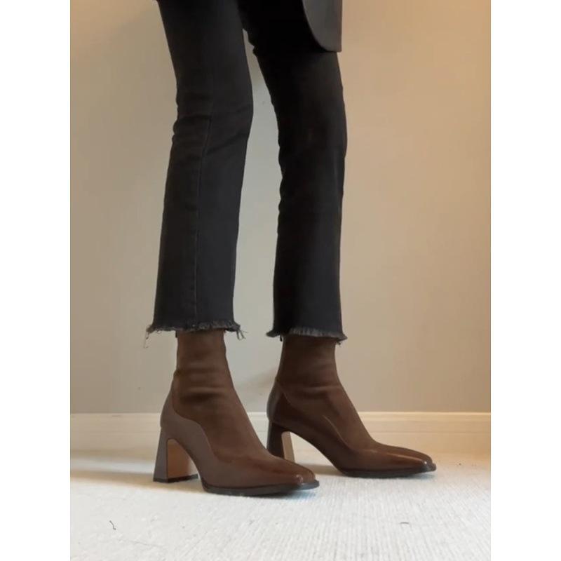 Версия из коровьей кожи~ Эластичные тонкие ботильоны из французской кожи женские ретро с квадратным носком в стиле пэчворк ботинки-носки на высоком каблуке темпераментные короткие ботильоны