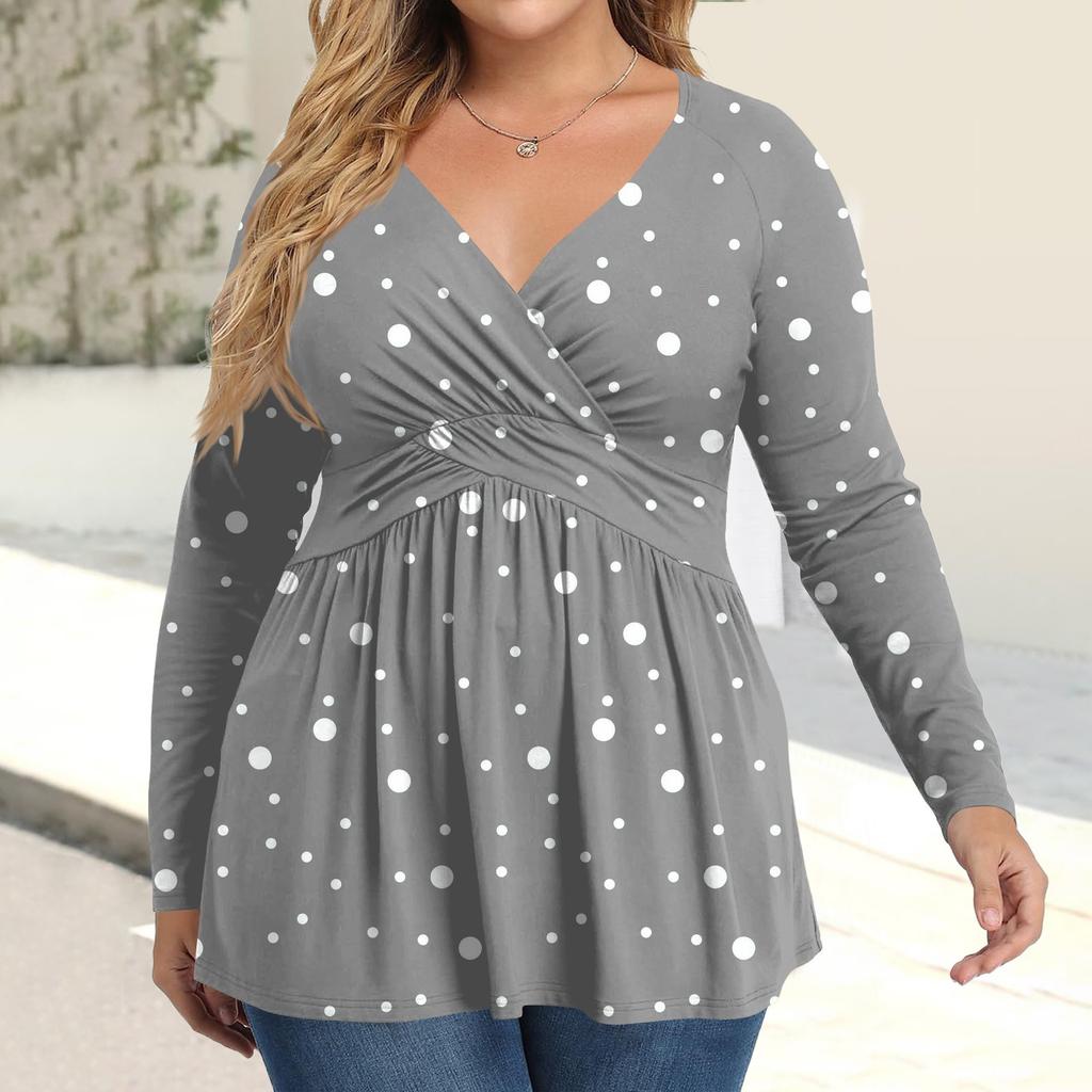 Женская рубашка большого размера с длинным рукавом, принт, плиссированный повседневный топ с V-образным вырезом