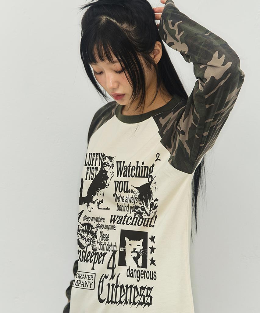 GRAVER [Unisex] 4 Cats Camo Raglan Long Sleeve T-Shirt_Cream