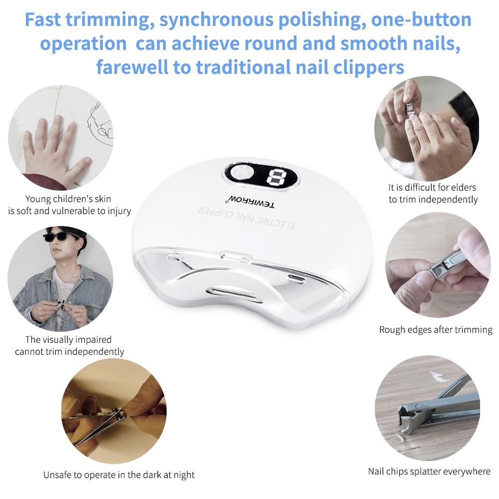 TEWIRROW Автоматические электрические кусачки для ногтей с УФ-лампами, безопасные кусачки для ногтей, пилочка для ногтей, перезаряжаемый триммер для ногтей для пожилых людей, детей