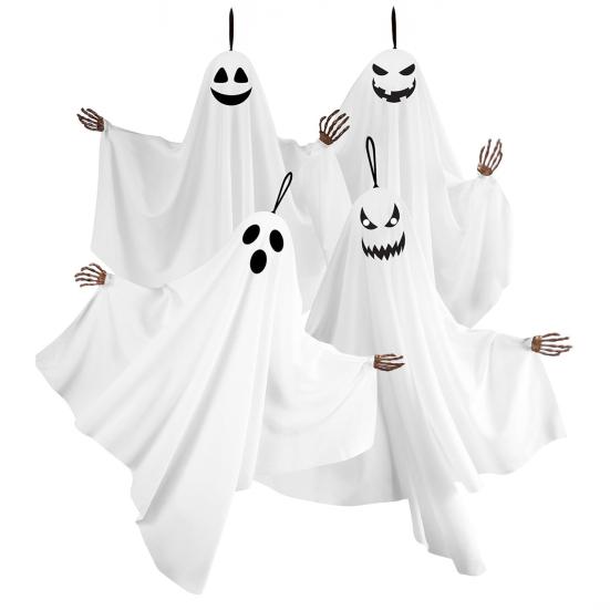 4Pcs Halloween Horror Ghost Hanging Decorations with Skeleton Hands Thriller Expressions Creepy Yard Ornaments for Front Porch And Tree