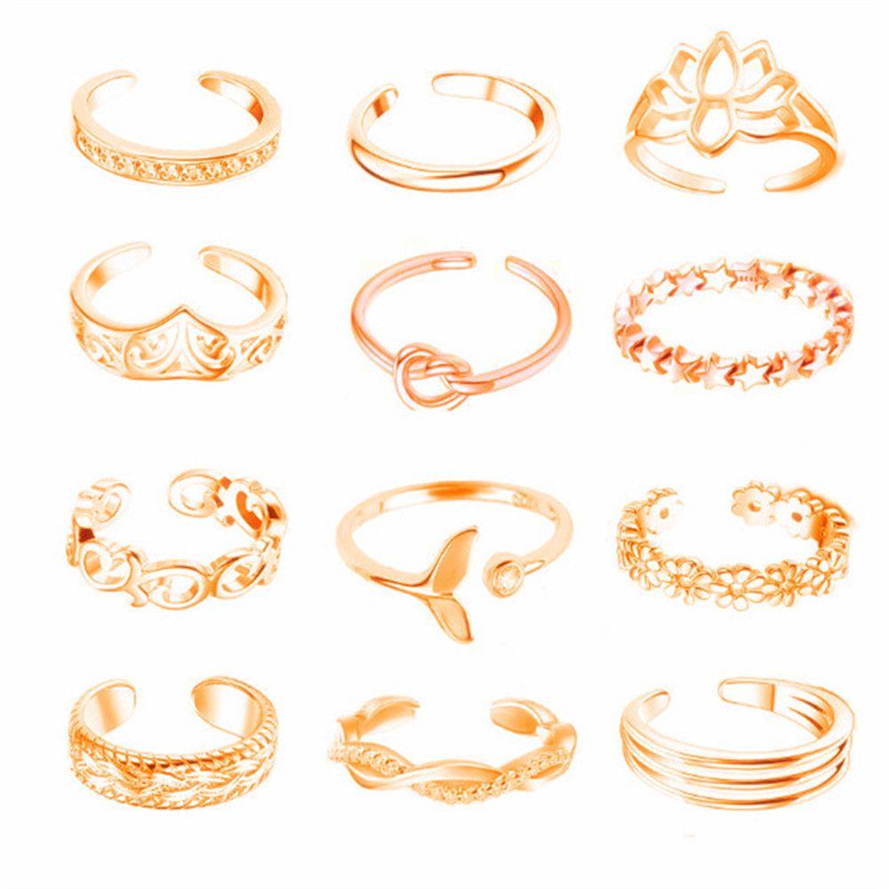 12pcs/set Open Girls Adjustable Beach Joint Finger Rings Tail Ring Toe Ring Set Foot Ring