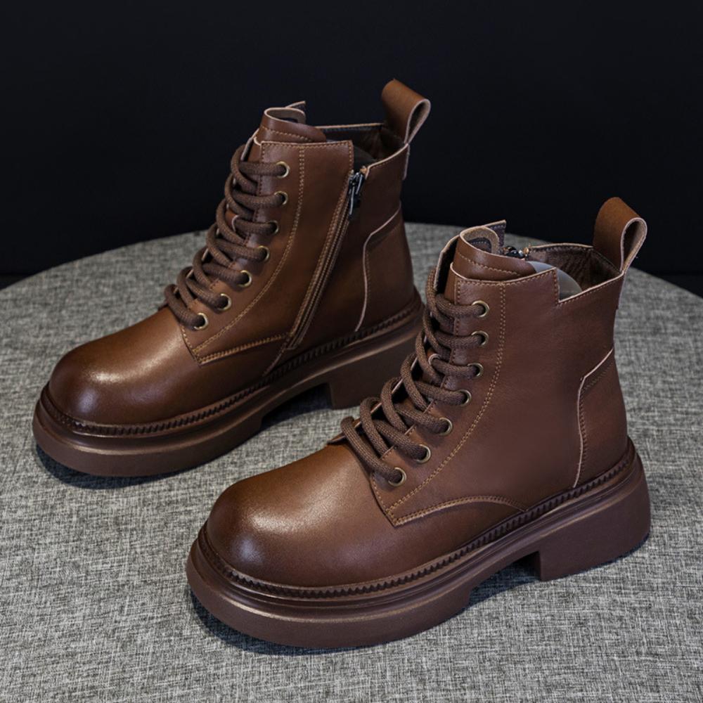 Кожаные женские короткие сапоги на платформе в ретро-британском стиле, увеличивающие внутреннюю высоту, универсальные женские сапоги