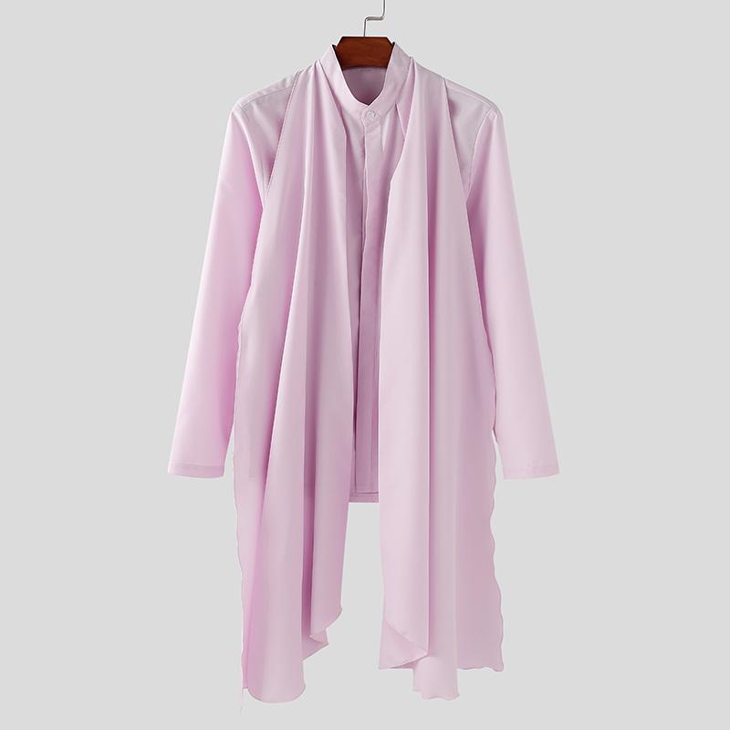 INCERUN Мужские рубашки с воротником-стойкой, длинным рукавом, пуговицами, слоями, повседневные топы