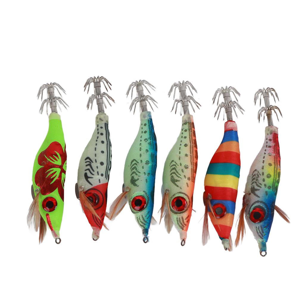 6PCS 10cm Hard Fishing Lure Artificial Wood Shrimp Bait with Octopus Cuttlefish Squid Hooks