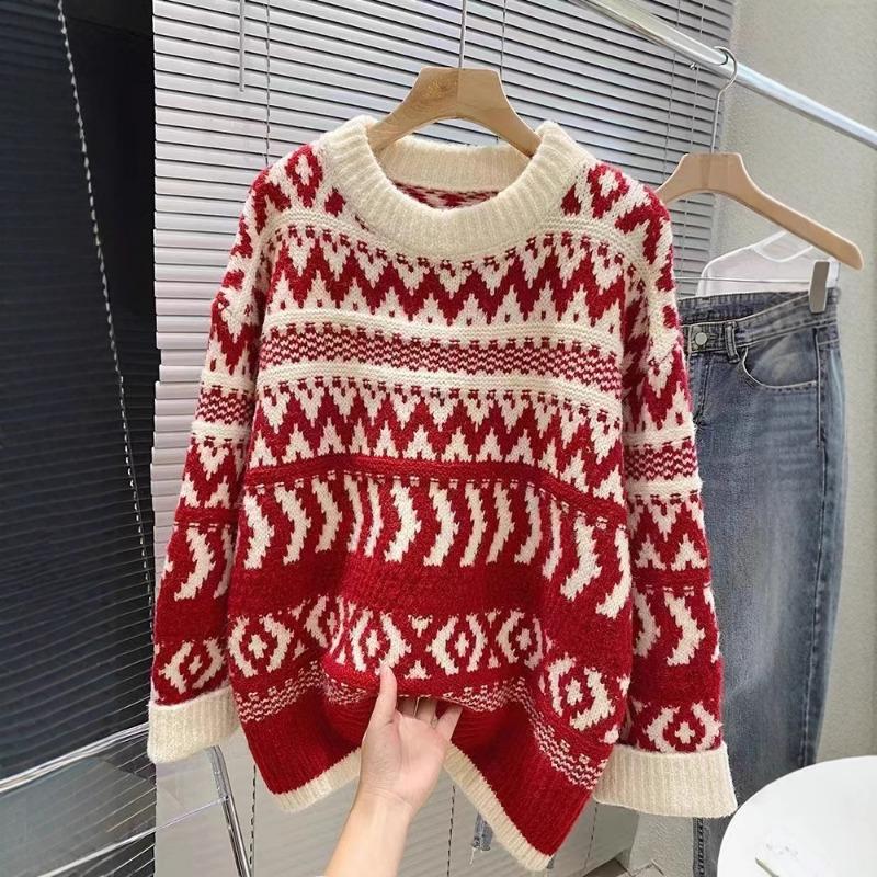 New Red Sweater Women's Autumn and Winter Wear Thickened Lazy Christmas Style Design Retro Feeling Loose Soft Waxy Knitted Sweater