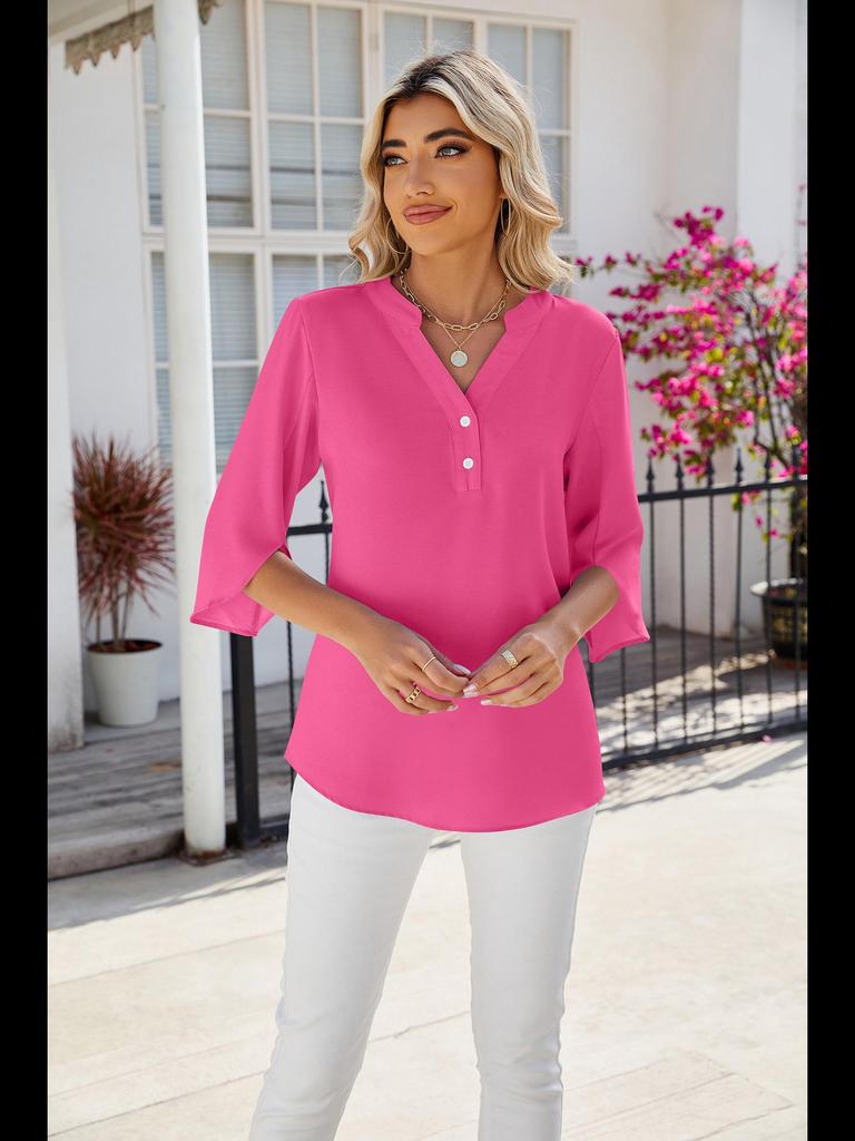 2024 Летний однотонный шифоновый топ с V-образным вырезом и рукавами средней длины для женщин