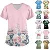 Women's Cute Printed Work Clothes V-neck Double Layer Pockets Basic Short Sleeve Top Pullover Valentines
