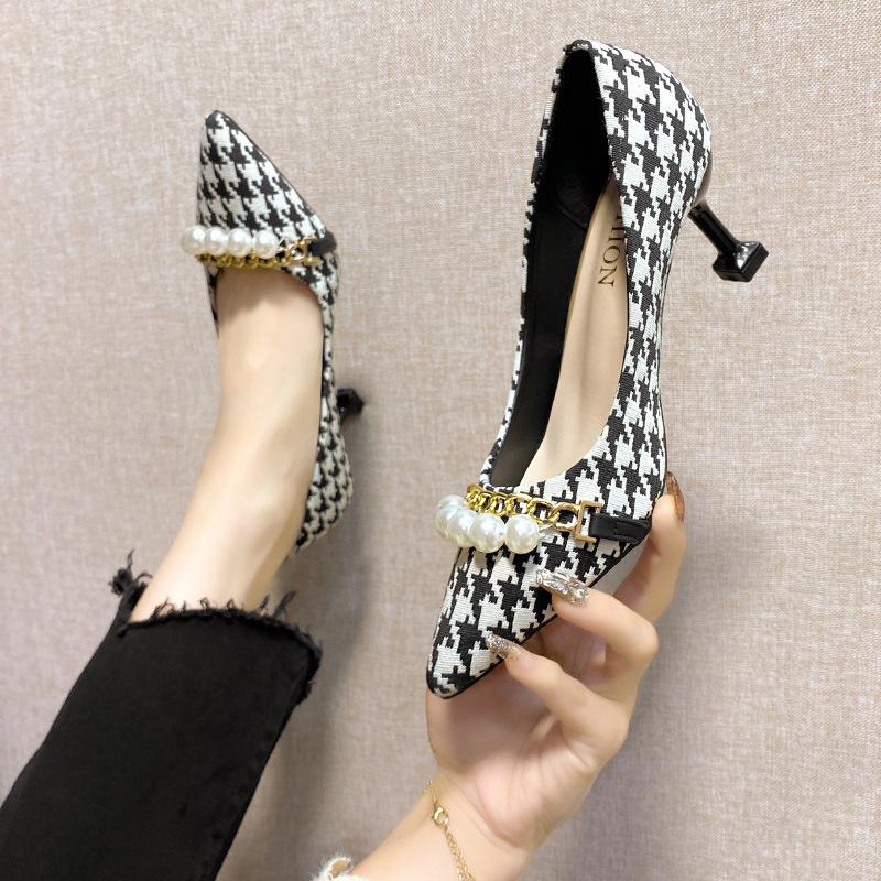 Новые туфли-лодочки в гусиную лапку для женщин, с острым носком, на тонком каблуке, рабочие туфли, темпераментные, с неглубоким вырезом, одинарные туфли для женщин в весенне-осеннем стиле