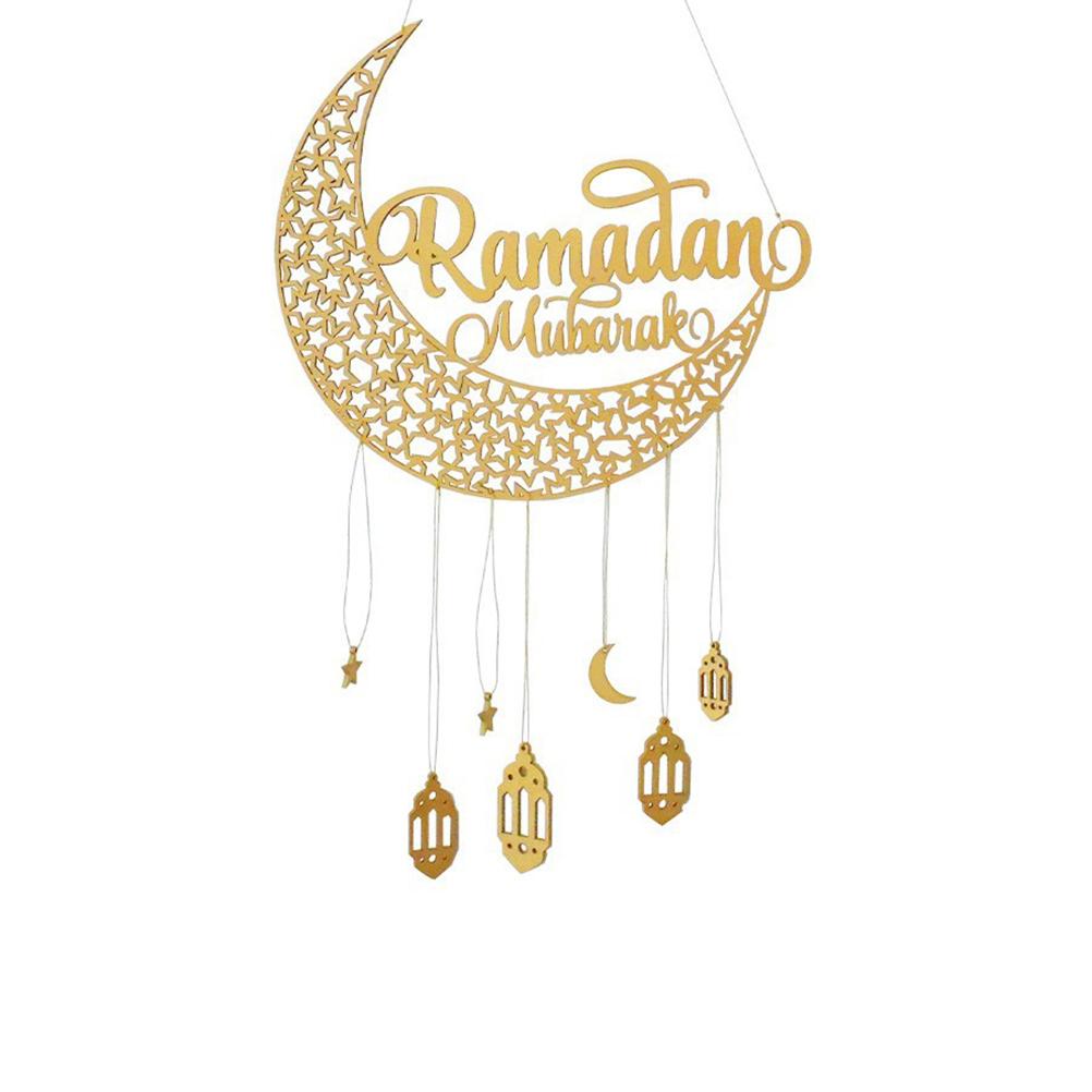Muslim Eid Ramadan Wooden Hollowed Pendant Eid Golden Moon Hanging Decor Home Wall Decoration Gifts