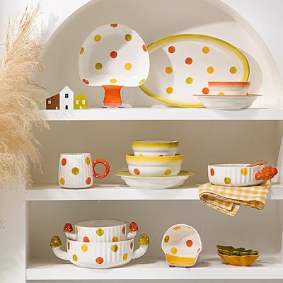 Посуда высокой ценности в горошек с грибами, керамическая миска с подглазурной росписью, большая вместимость, двухсторонняя миска, салатница, бытовая тарелка