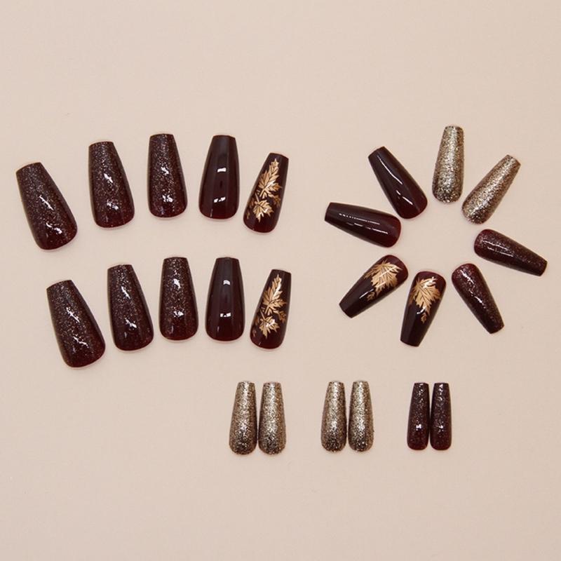 Pack Of 24 Amber Gold Maple Leaf Press On Nail For Autumn Winter ABS Stick On Nail Easy Application
