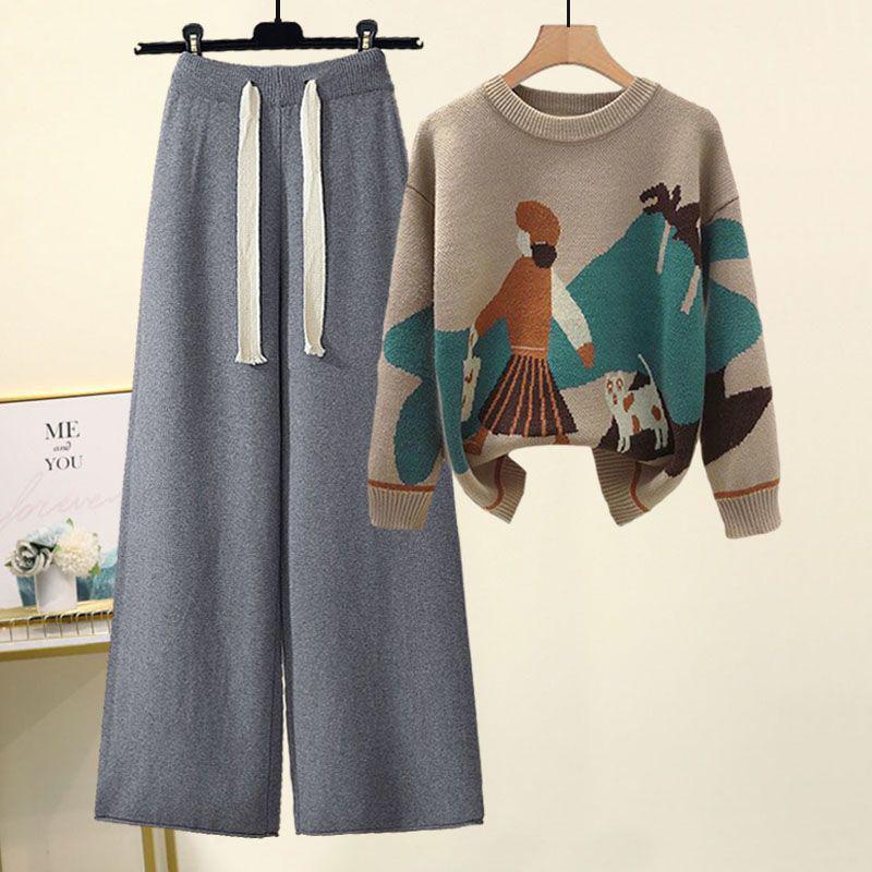 Plus-Size Women's Fashionable Knitted Sweater and Casual Pants Two-Piece Set for Autumn and Winter