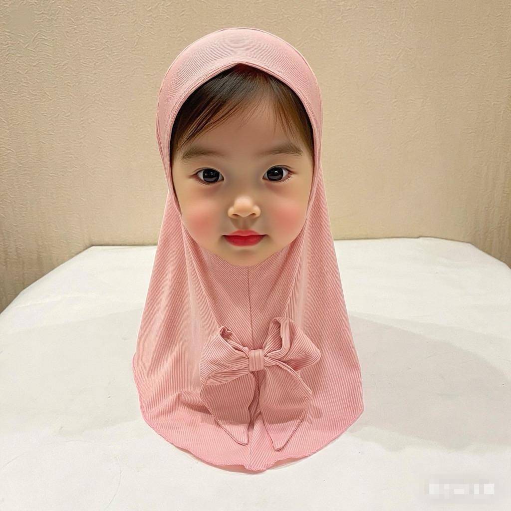 Beautiful Plain small girl hijab with bow simple cute hijab hats women's caps can fit 2-6 years old girls