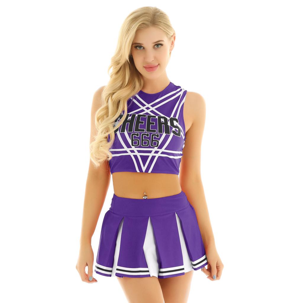 Women Cosplay Uniform Sleeveless Crop Top with Mini Pleated Skirt Cheerleader Costume Set