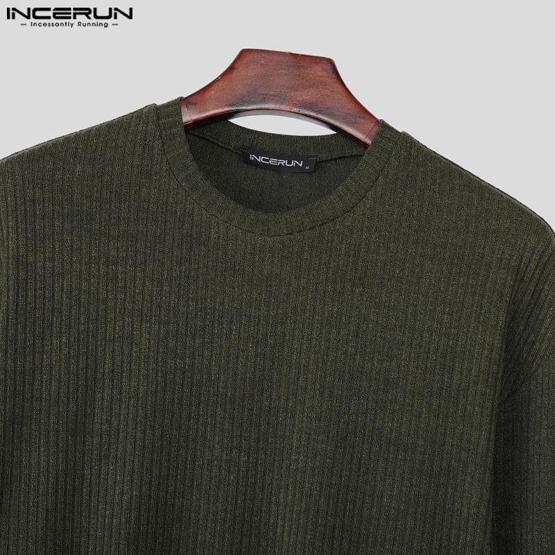 INCERUN Осенние мужские пуловеры кэжуал с круглым вырезом, длинными рукавами и текстурным рубчиком