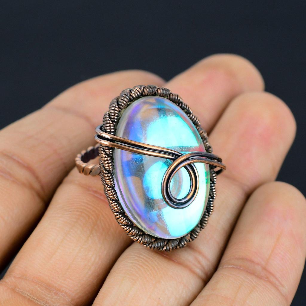 Mystic Topaz Gemstone Copper Wire Wrapped Handmade Jewelry Ring For Gift